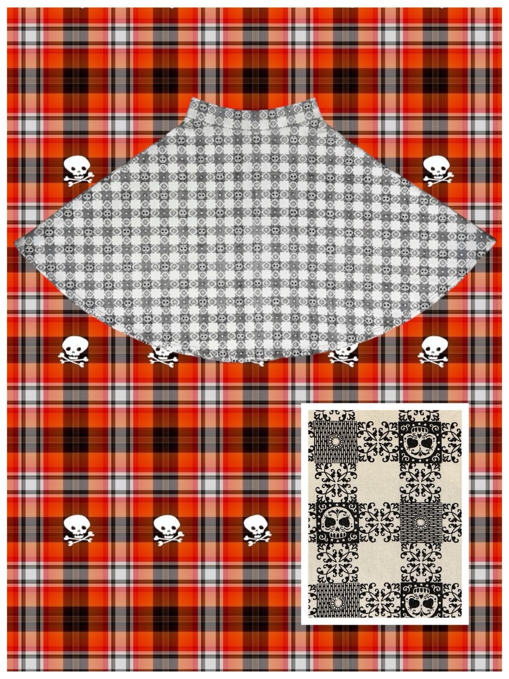 Rock Steady Skirt Skater Black White Sugar Skull Gingham Plaid Rockabilly M